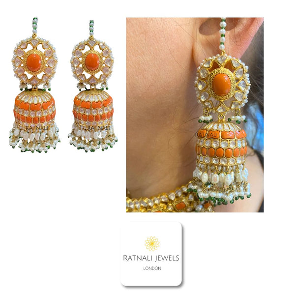 Moonga Set | Coral and Polki gemstone Necklace and Jhumka Earrings Set in gold-plated silver