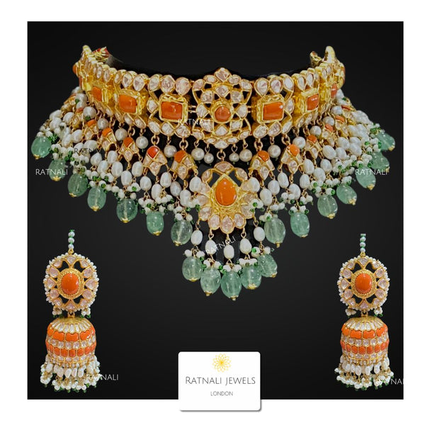 Moonga Set | Coral and Polki gemstone Necklace and Jhumka Earrings Set in gold-plated silver