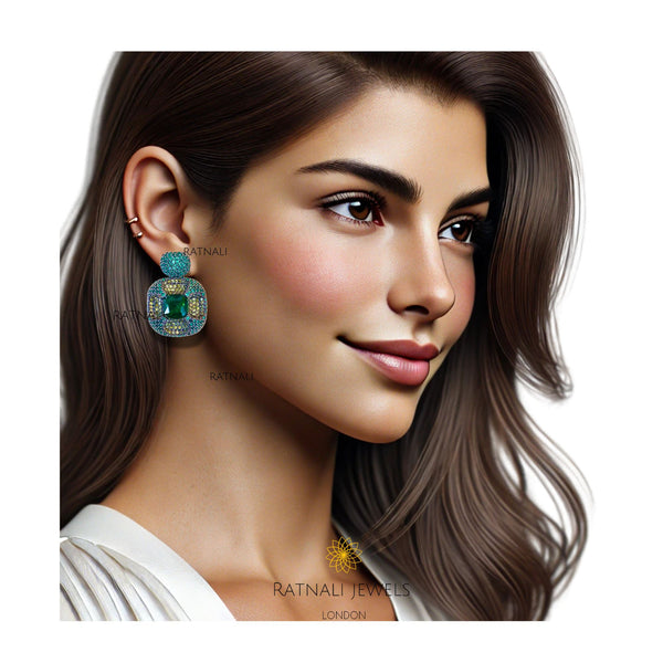 Bonie | Cubic Zirconia diamond green faux gemstone statement stud earrings, Diamond stud earrings.