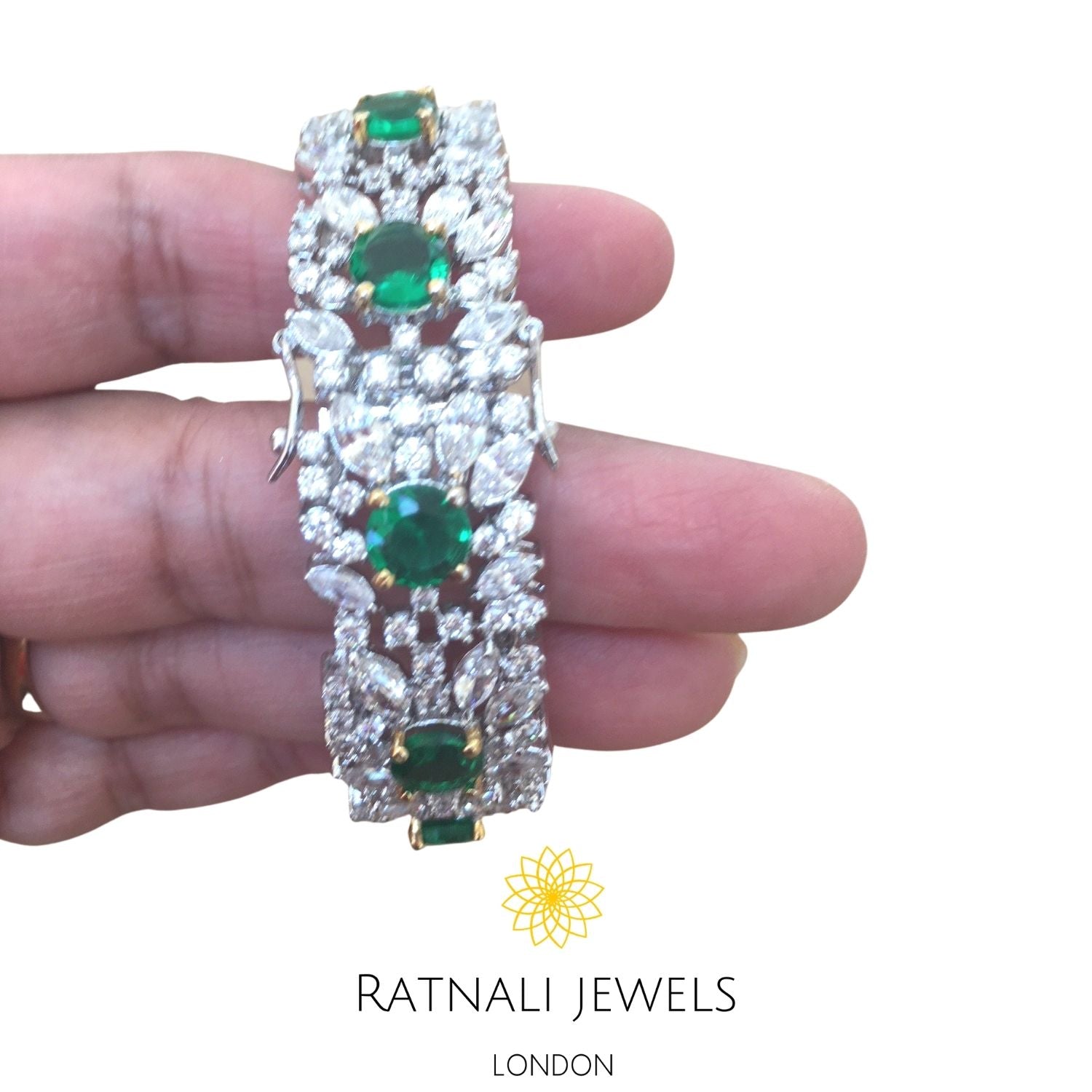 Simulated CZ diamond and Emerald green gemstone bracelet Ratnali Jewels ratnalijewels